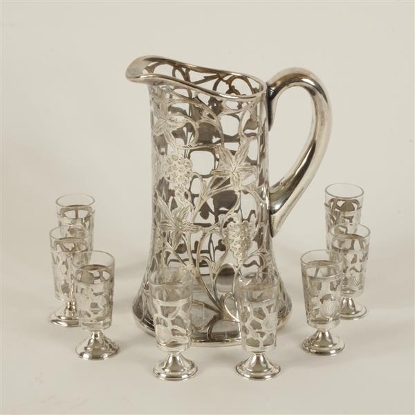 Appraisal: Alvin sterling silver overlay glass pitcher Together with eight Mexican