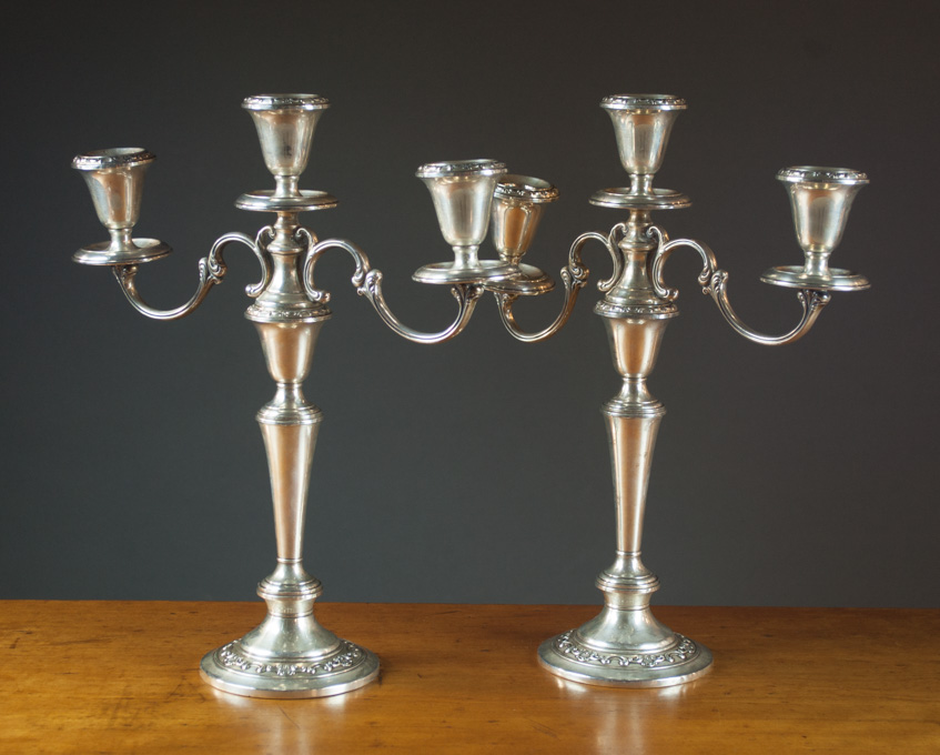 Appraisal: PAIR GORHAM STERLING SILVER CANDELABRA three-light on scrolling arms convertible