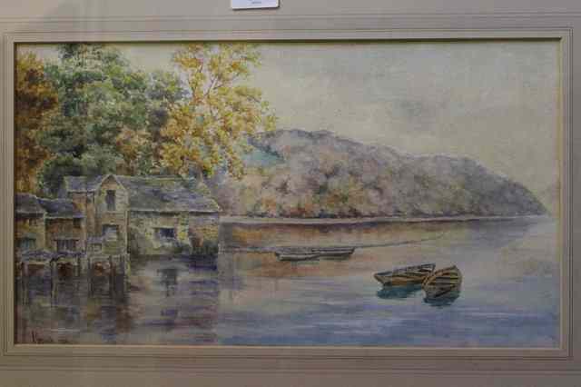 Appraisal: M HICKS TH CENTURY Landscape showing a boathouse overlooking a