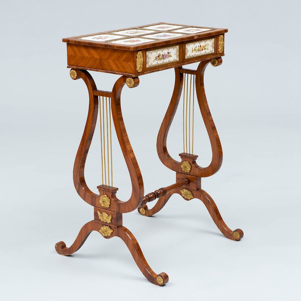 Appraisal: Fine Regency Gilt-Metal-Mounted Tulipwood and Porcelain Work Table Fitted with