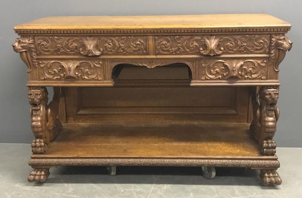 Appraisal: Oak Side Server with Carved Lion Heads Griffins Oak side