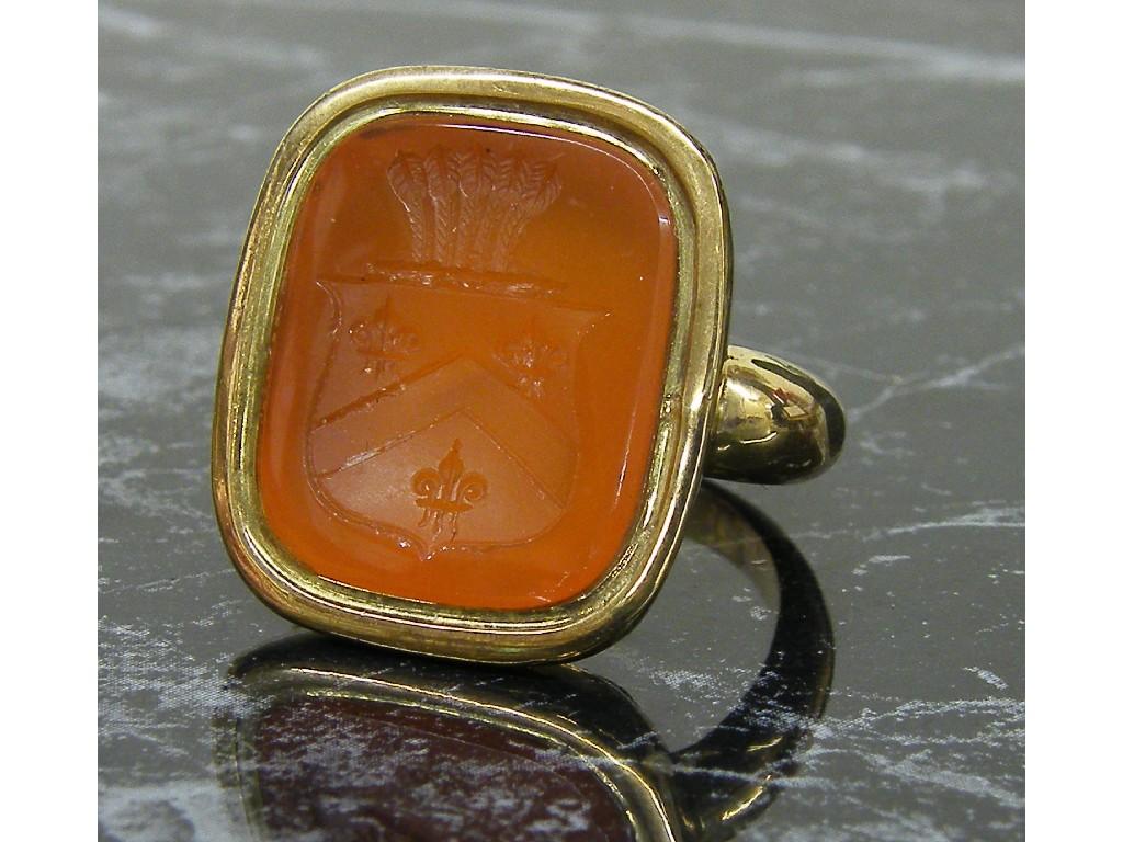 Appraisal: Cornelian armorial seal ring in yellow gold gm size S