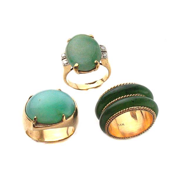 Appraisal: A collection of three jade and gold rings