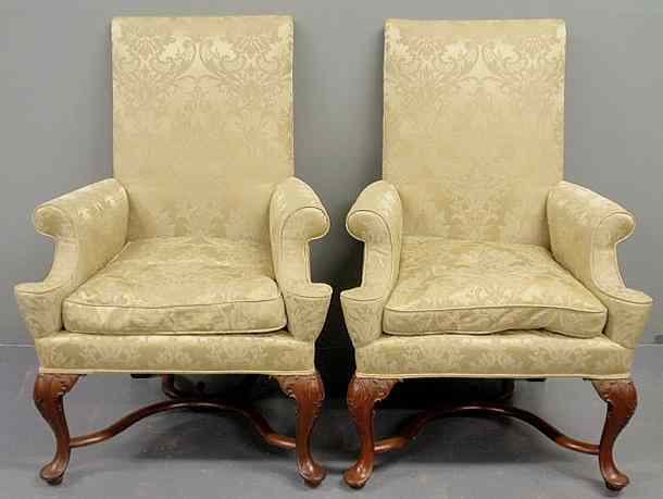 Appraisal: Pair of Queen Anne style mahogany armchairs with light green