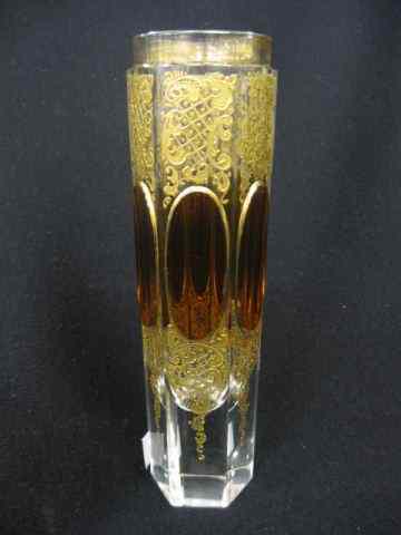 Appraisal: Moser Art Glass Vase amber medallions heavy goldwork ''