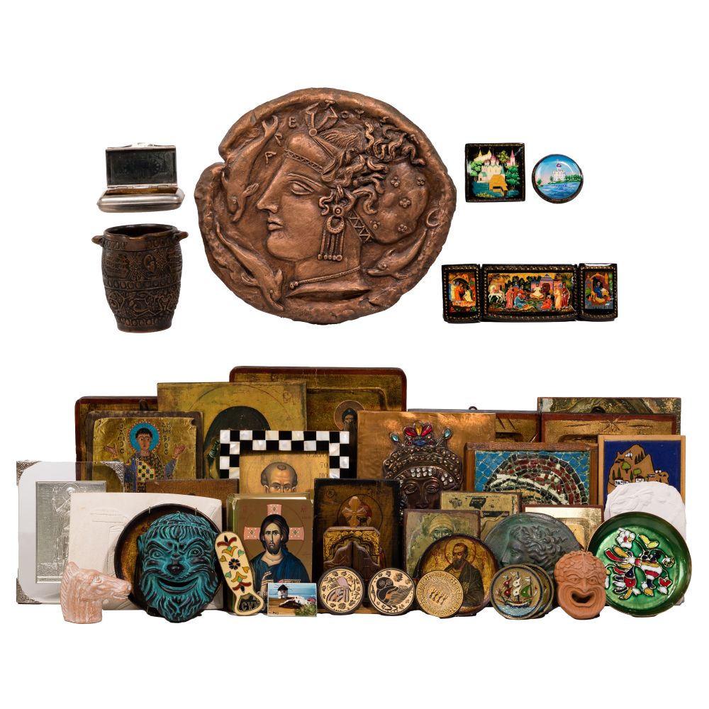 Appraisal: ETHNOGRAPHIC AND RELIGIOUS OBJECT ASSORTMENTApproximately items including reproduction icons of