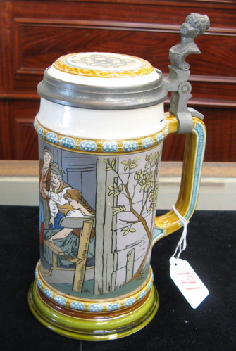 Appraisal: GERMAN METTLACH BEER STEIN liter no Etched with inlaid lid