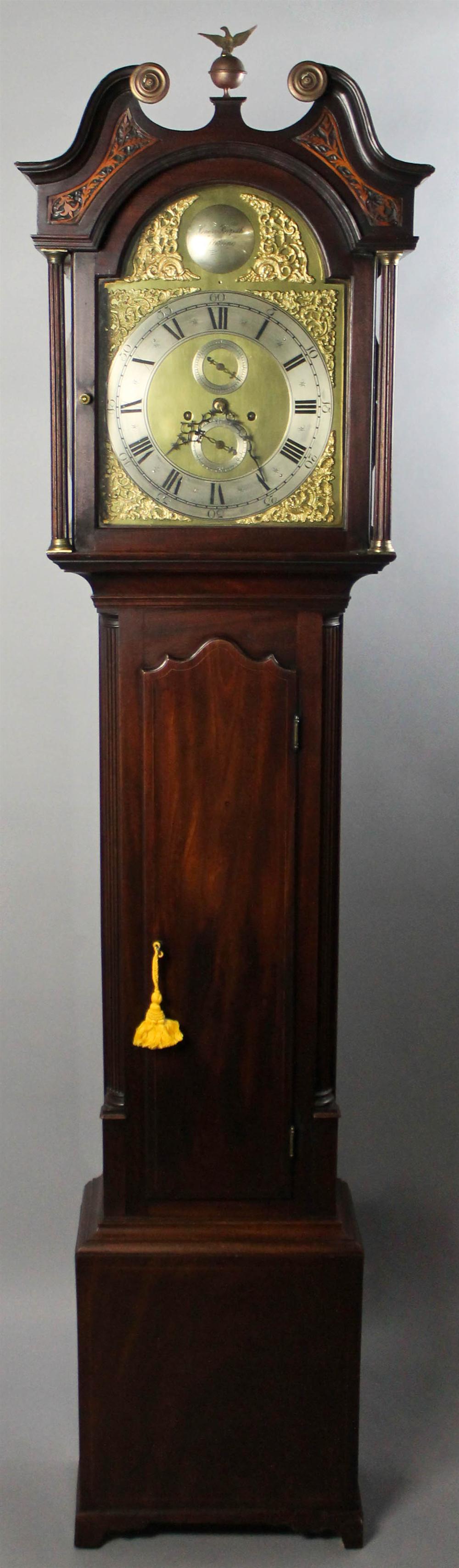 Appraisal: GEORGIAN CARVED AND INLAID MAHOGANY TALL CASE CLOCK having a