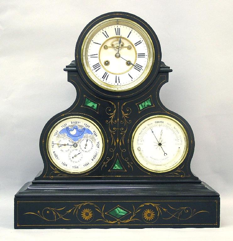 Appraisal: Large black slate triple dial two train mantel clock the