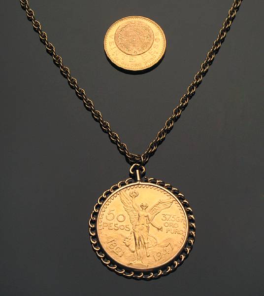 Appraisal: A peso gold pendant with chain with a loose peso