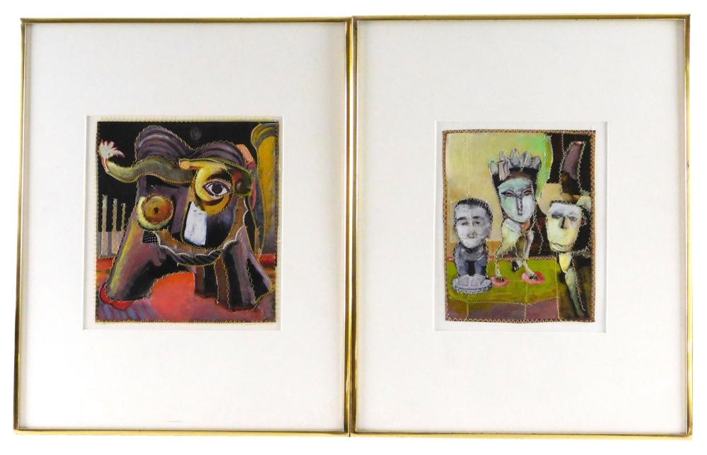 Appraisal: Unknown Artist two contemporary collages with stitching both matted and