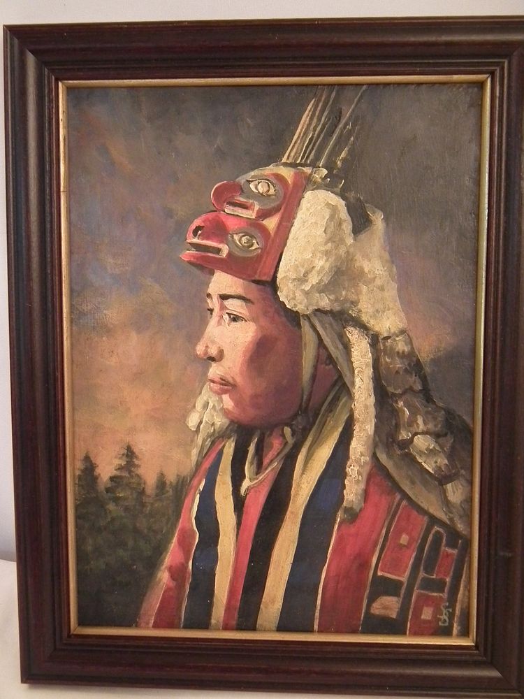 Appraisal: INDIAN OIL PORTRAIT TLINGIT CHIEF Old oil portrait on wood