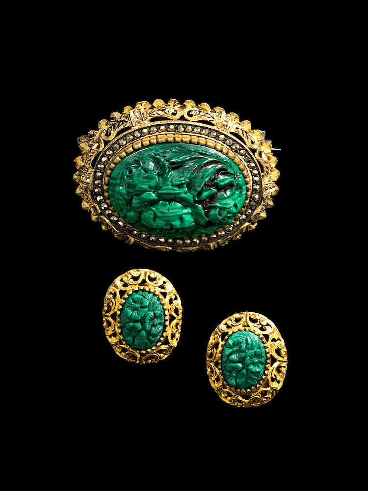 Appraisal: A Chinese Malachite Brooch and a Pair of Earclips Brooch