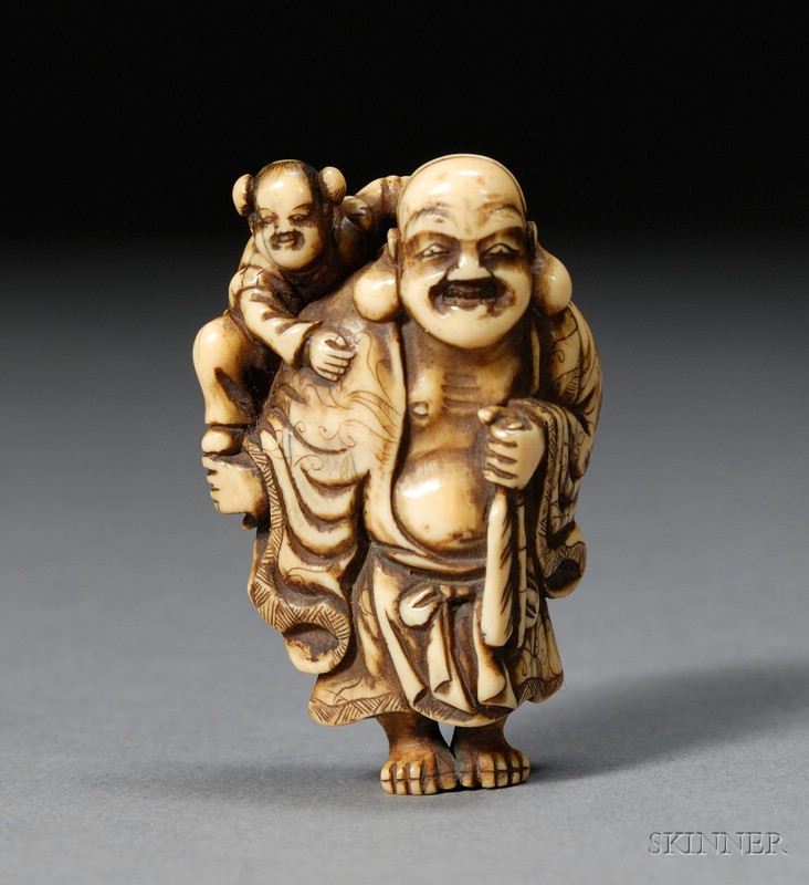 Appraisal: Ivory Netsuke th century figure of Hoitei with a small