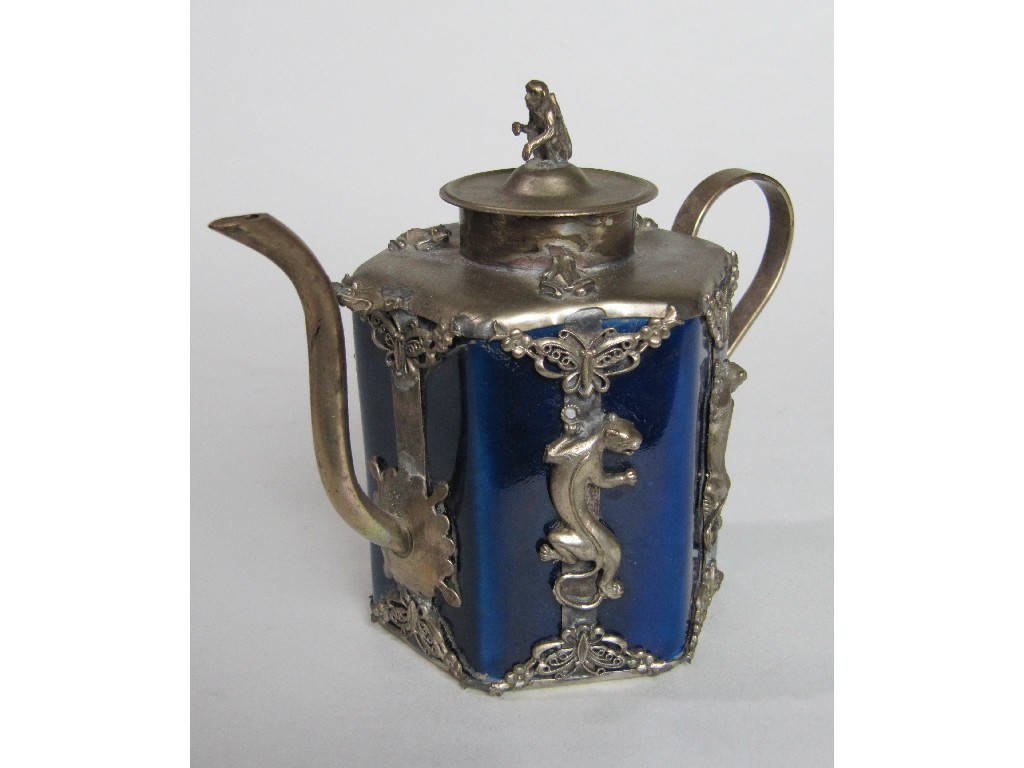 Appraisal: Eastern white metal mounted porcelain teapot with monkey finial