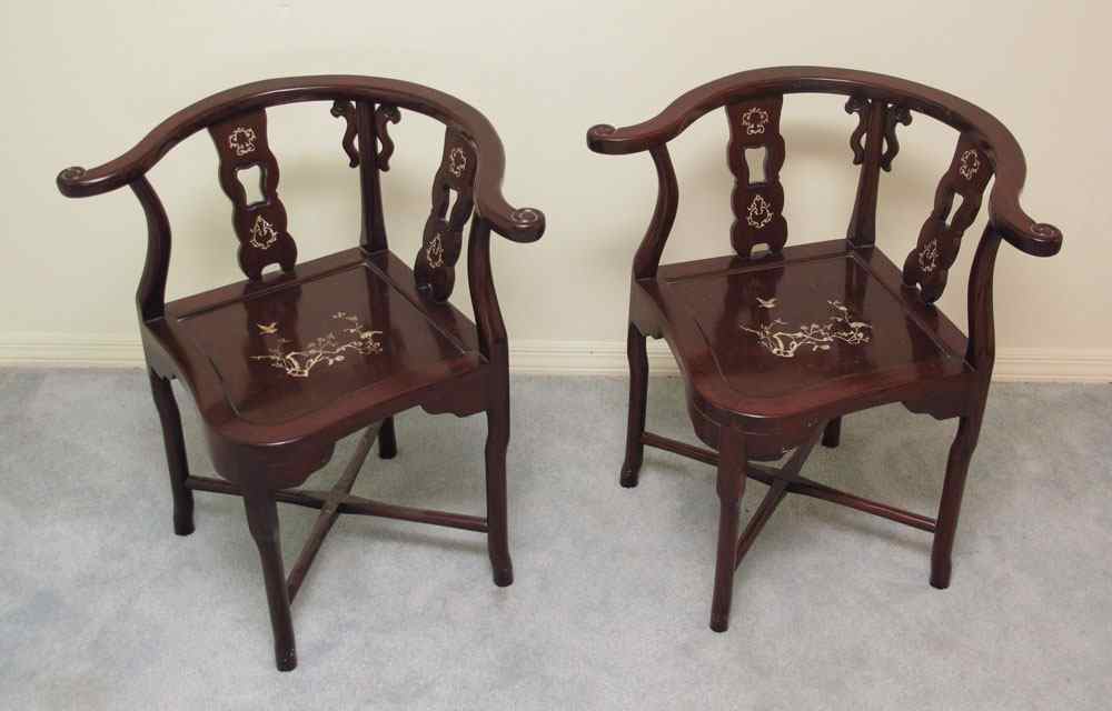 Appraisal: PAIR CARVED AND MOTHER OF PEARL INLAID CHINESE CORNER CHAIRS