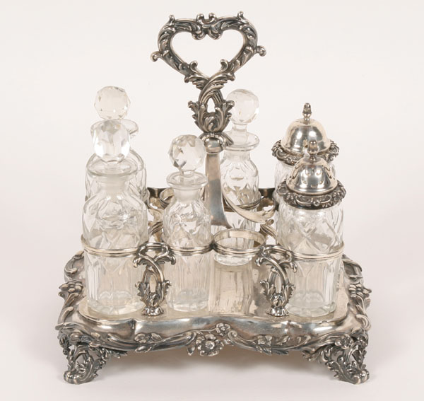 Appraisal: Victorian English sterling silver condiment set stoppered cruets salt and