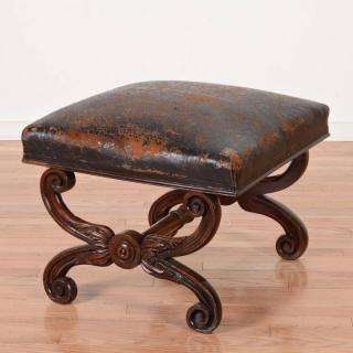 Appraisal: William IV carved mahogany stool th c tooled black leather