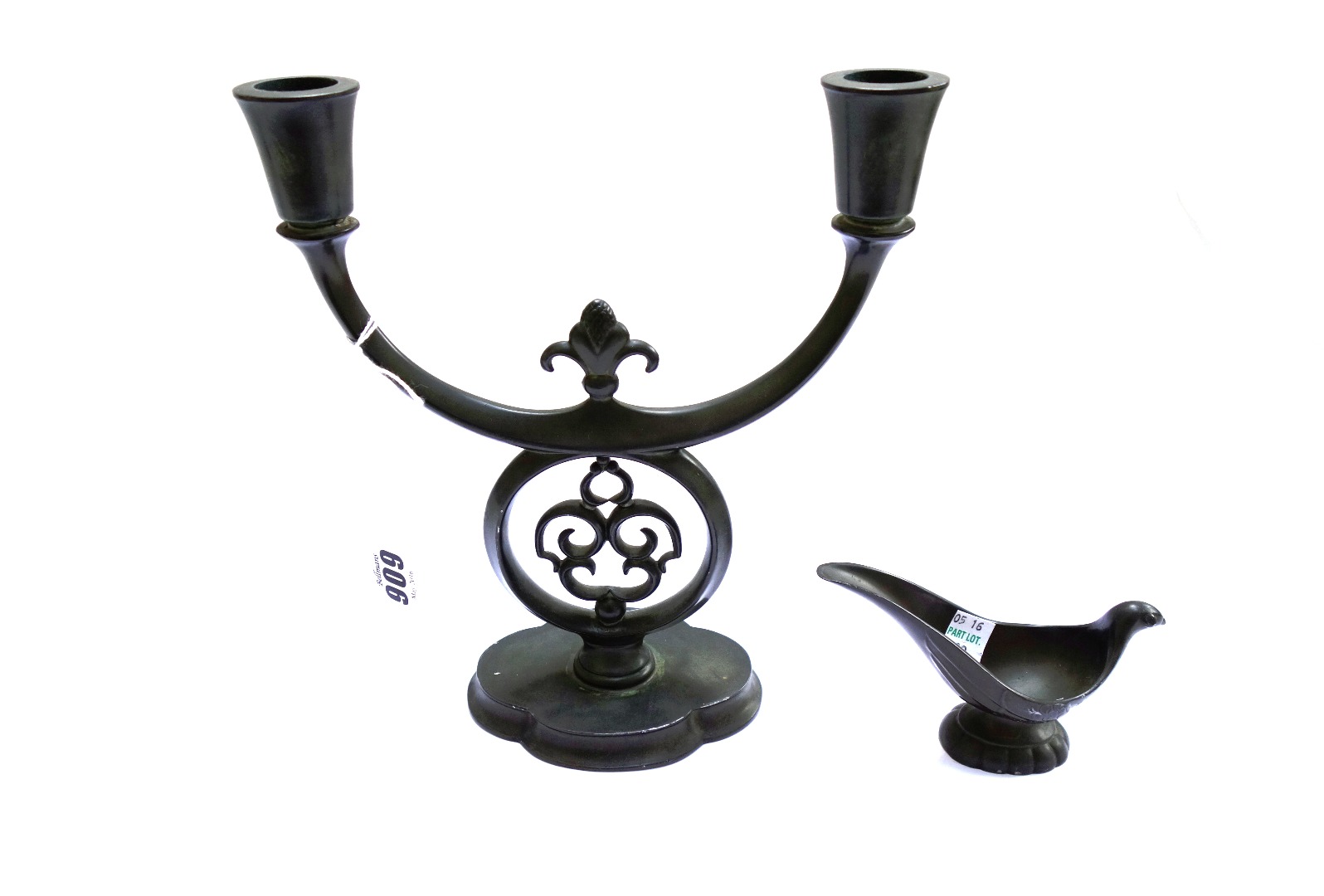 Appraisal: A Just Anderson bronze twin branch candelabra with shaped base