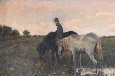 Appraisal: English School late th Century A boy with two ponies