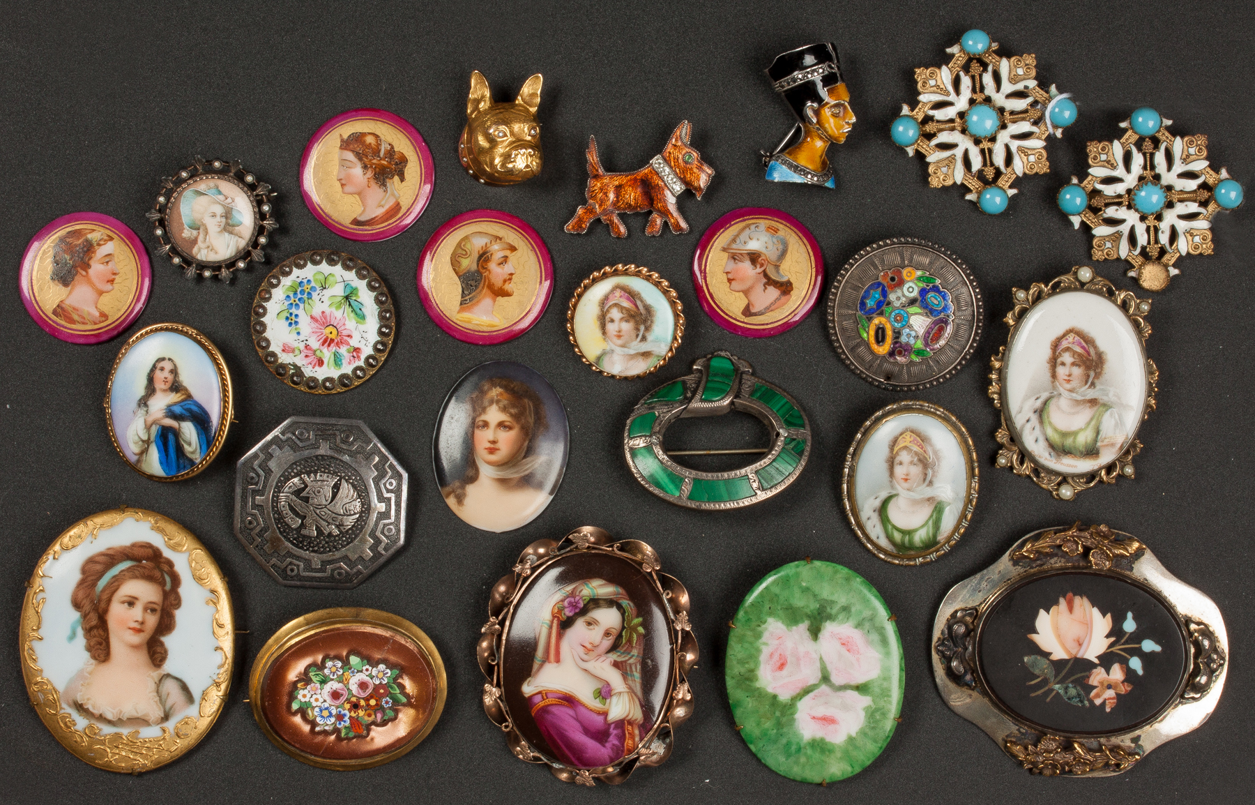 Appraisal: Large Group of Victorian Pins Enameled micro mosaic etc