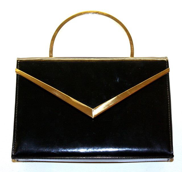 Appraisal: A s BLACK PATENT LEATHER HANDBAG BY 'ACKERY LONDON' gold