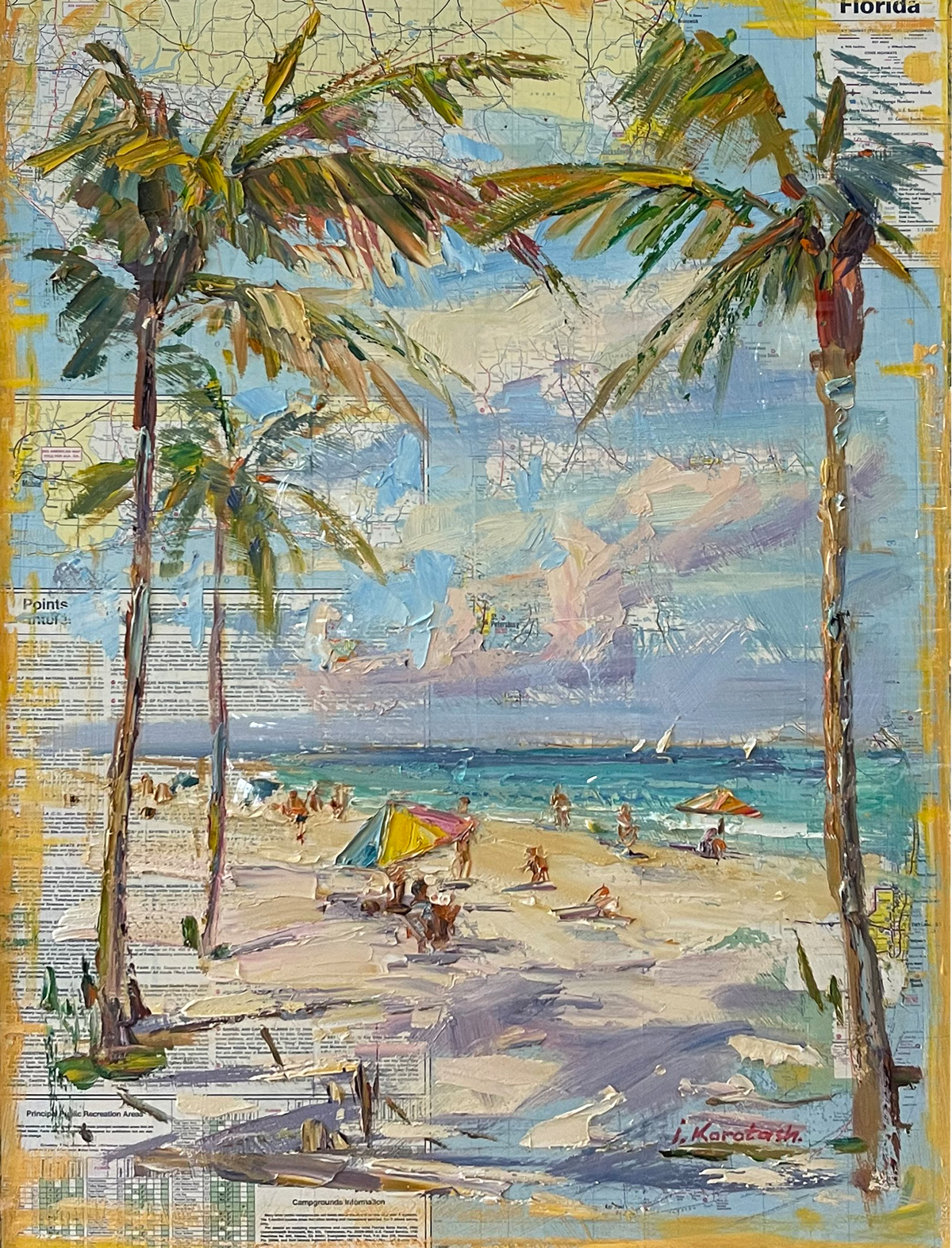 Appraisal: KOROTASH Ihor American Ukrainian b Florida Beach Scene Oil Map