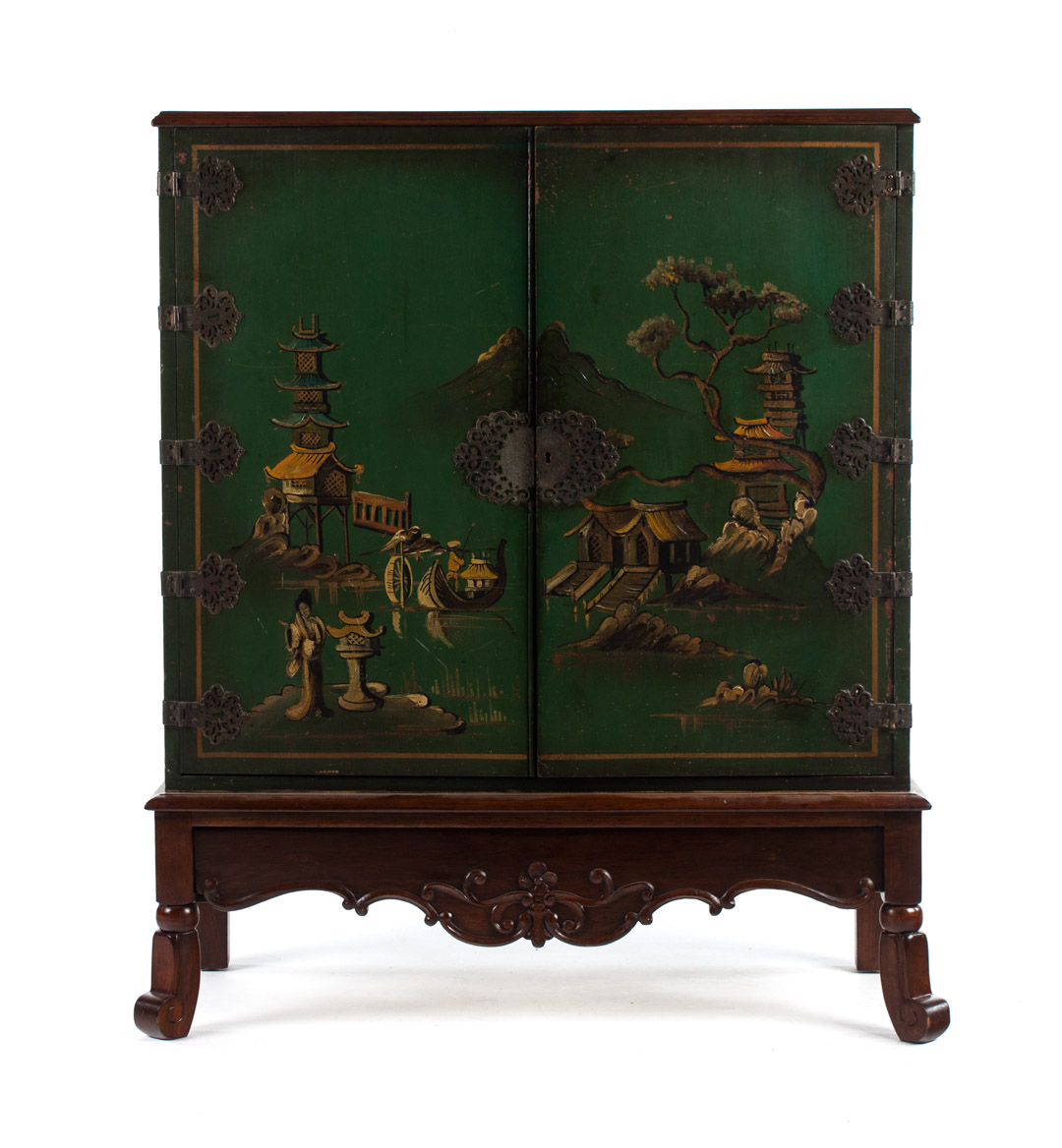 Appraisal: Charles II style mahogany painted wood cabinet chinoiserie decorated green