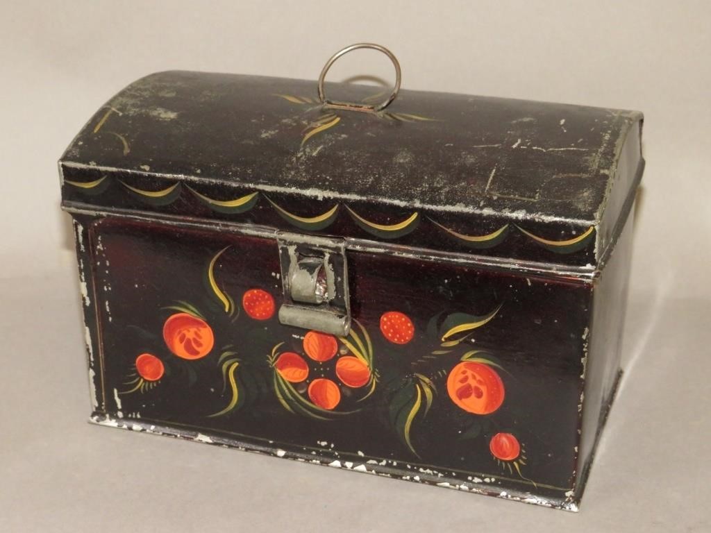 Appraisal: FINE BLACK TOLEWARE DOMED DOCUMENT BOX ATTRIBUTEDca - rolled tinplate