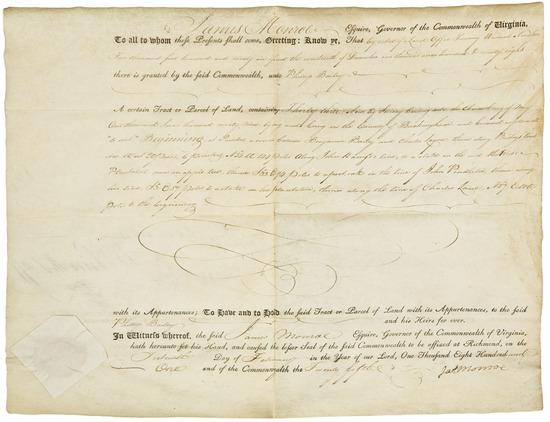 Appraisal: PRESIDENTS -- MONROE James Partly-printed vellum document signed as Governor