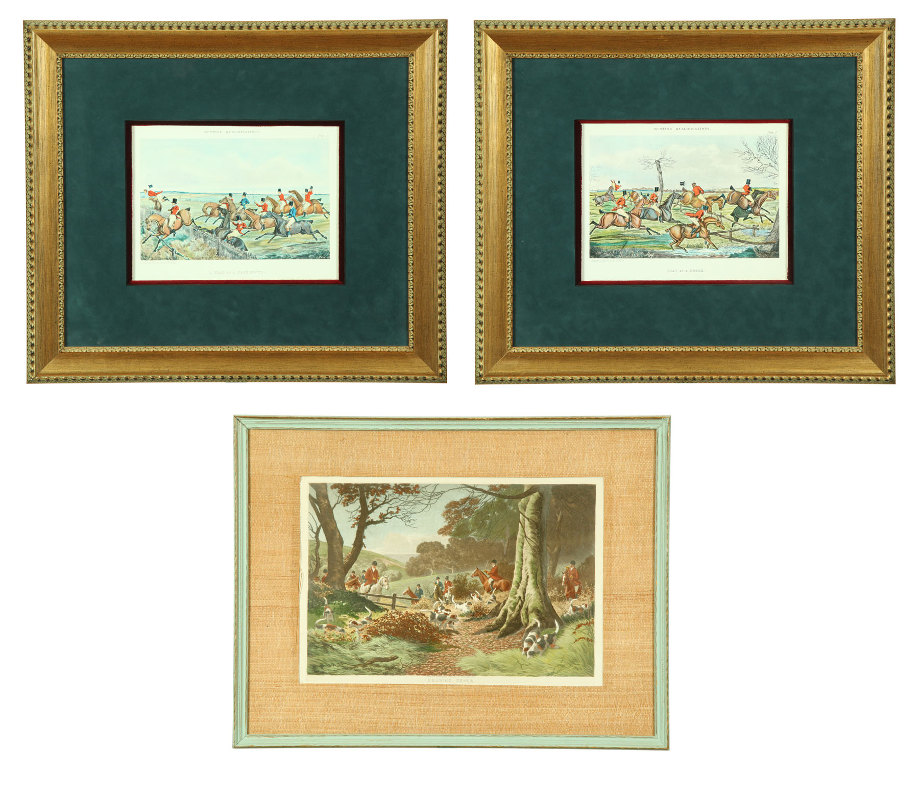 Appraisal: THREE HUNT SCENE PRINTS England mid th century Two humorous