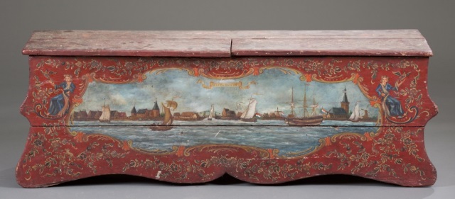 Appraisal: Dutch Paint Decorated Storage Chest Bench Extensive decorative with harbor