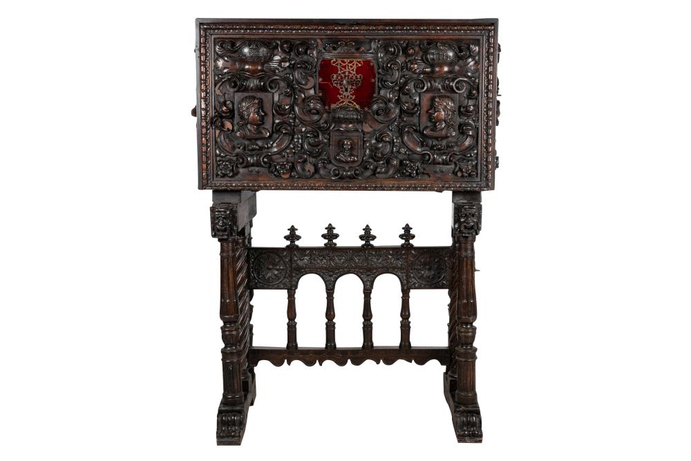 Appraisal: SPANISH CARVED WALNUT VARGUENOwith hinged fall-front concealing an arrangement of