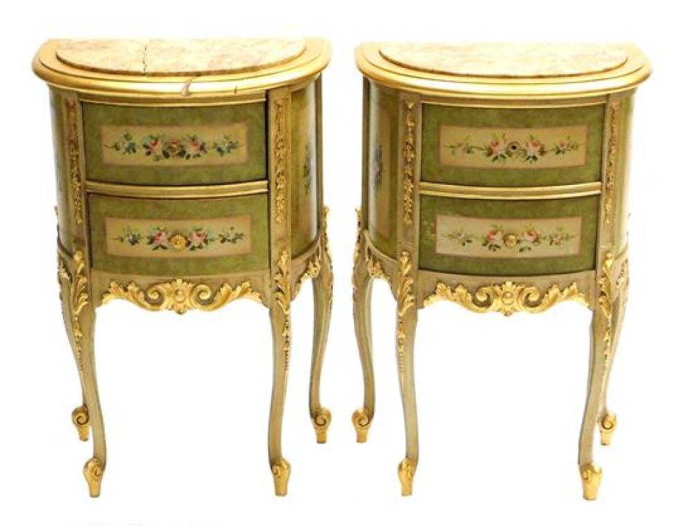 Appraisal: Pair of French style two drawer stands with demilune marble