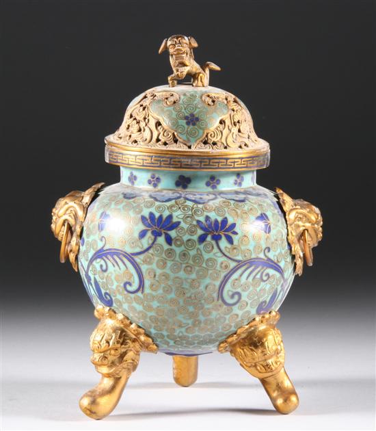 Appraisal: CHINESE CLOISONN ENAMEL TRIPOD CENSER late Qing dynasty Ovoid form