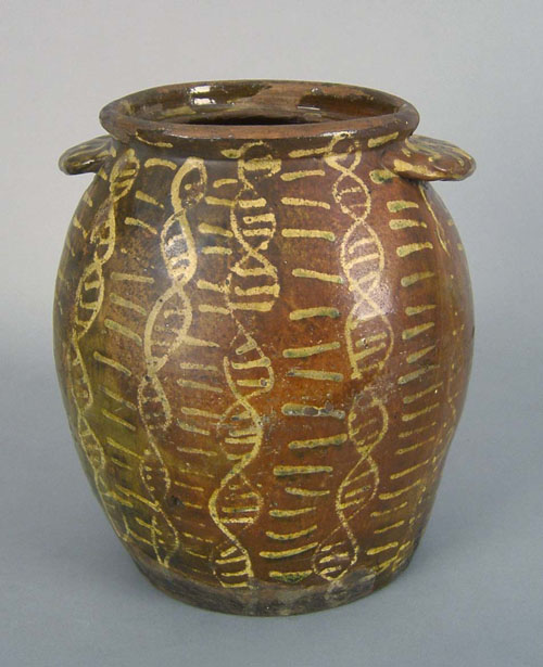 Appraisal: Redware crock th c with yellow wavy slip decoration h