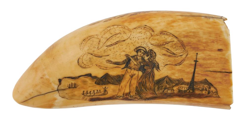 Appraisal: SCRIMSHAW WHALE'S TOOTH WITH FIGURAL SCENES CIRCA LENGTH SCRIMSHAW WHALE'S