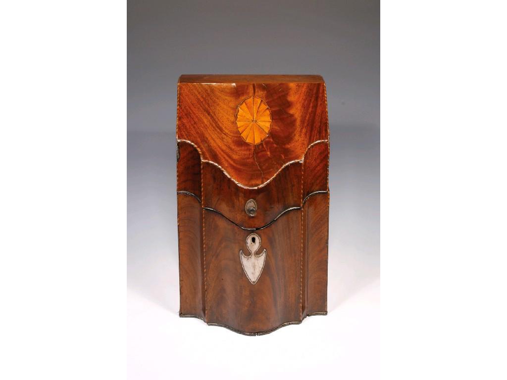 Appraisal: A GEORGE III MAHOGANY SERPENTINE FRONTED KNIFE BOX the sloping