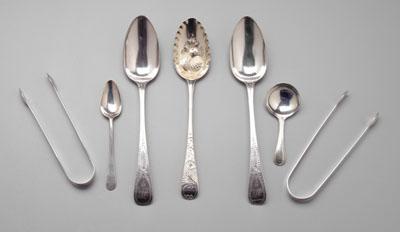 Appraisal: Bateman silver flatware tongs all with marks for Peter and