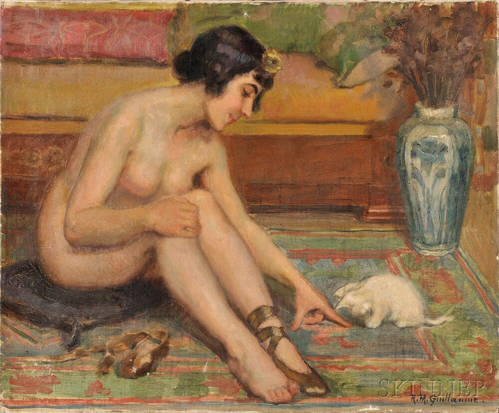 Appraisal: R M Guillaume French b Seated Nude with a Kitten