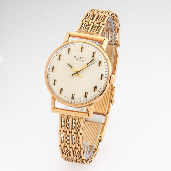 Appraisal: RUSSIAN GOLD WATCH POLET WITH GOLD BRACELET Case width mm