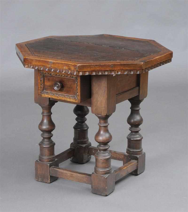 Appraisal: ITALIAN BAROQUE STYLE CARVED AND INLAID WALNUT OCTAGONAL-TOP TABLE The