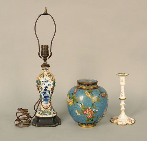 Appraisal: Battersea candlestick th c together with a Delft table lamp