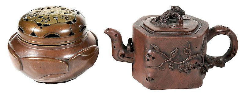 Appraisal: Chinese Yixing Teapot and Bronze Koro Censer Qing dynasty richly