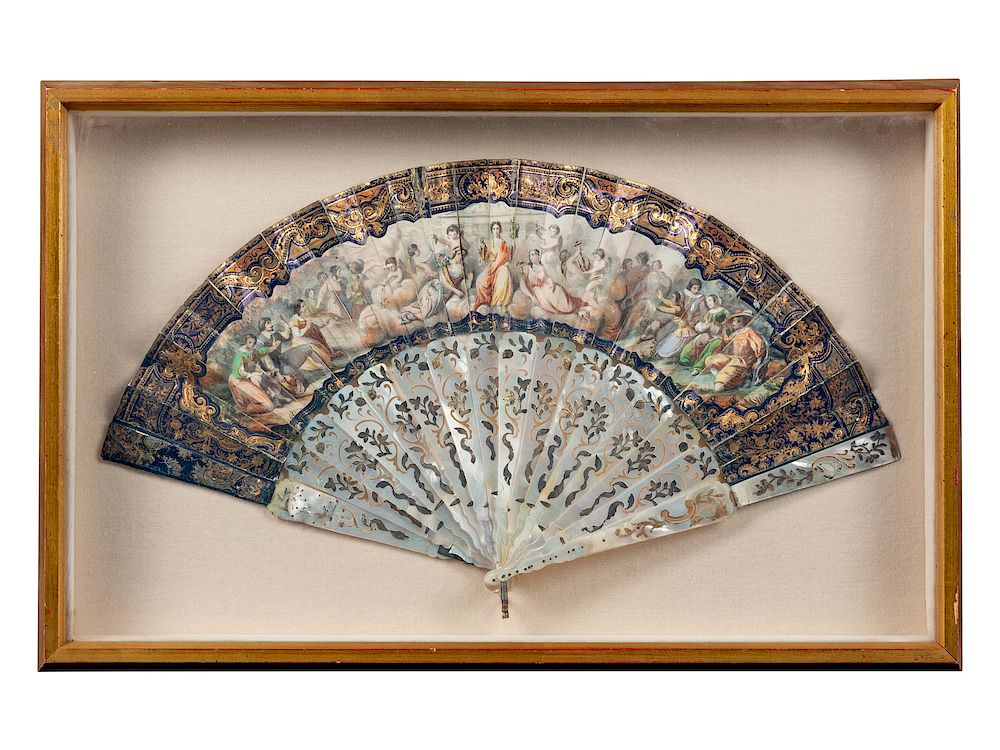 Appraisal: A French Hand-Painted Lithograph on Paper and Mother-of-Pearl Fan A