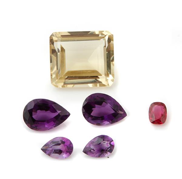 Appraisal: A collection of unmounted gems one rectangular-cut citrine measuring x