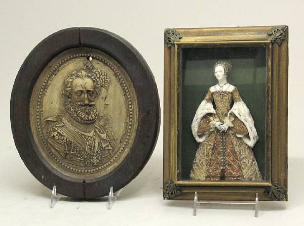 Appraisal: A patinated plaster relief cast portrait medallion and English figural