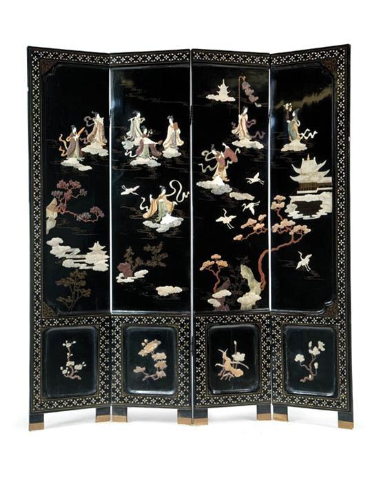 Appraisal: FOUR-PANEL ORIENTAL DECORATED SCREEN Japan th century wood quartz mother-of-pearl