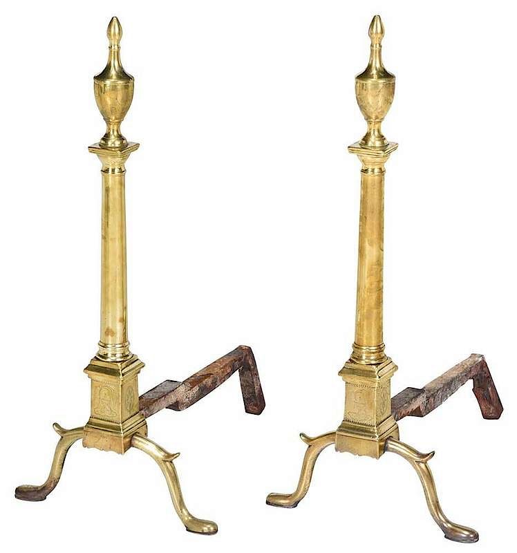 Appraisal: A Fine Pair of Federal Engraved Brass Andirons American circa