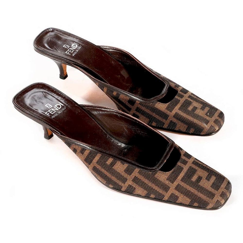 Appraisal: Fendi Shoes Fendi slides with kitten heel Cloth exterior and